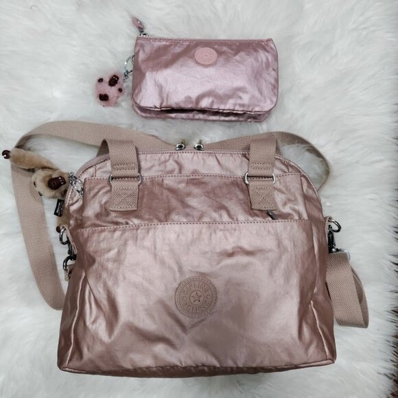 Kipling Metallic Rose Gold Brandee Crossbody And Small Pink Abby Pouch Set - Picture 1 of 14
